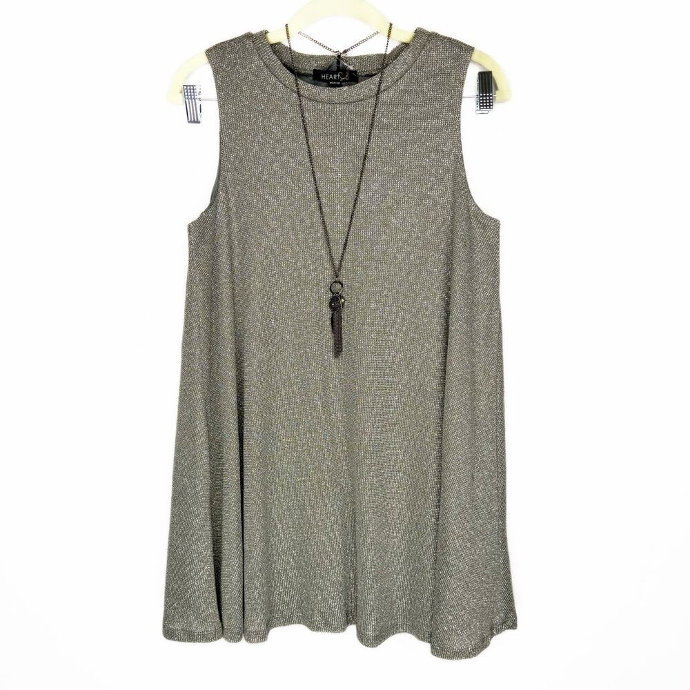New Heart Soul Silver Metallic Knit‎ Mock Neck Sleeveless Flare Dress Medium